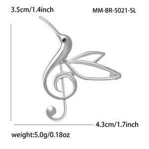 Detailed dimension view of hummingbird treble clef brooch with 4.3cm x 3.5cm measurements