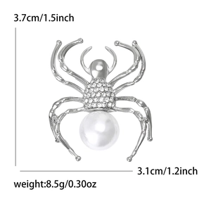Detail shot of spider brooch with pearls and crystals showing 3.7cm by 3.1cm dimensions