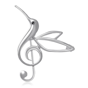 Silver hummingbird music note brooch with polished alloy finish and black stone eye detail