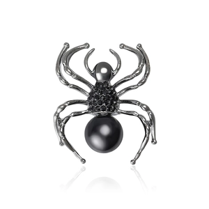 Spider brooch pin with black pearls and rhinestones on gunmetal alloy finish