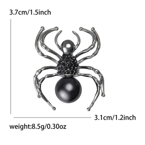 Silver alloy spider brooch with black rhinestones and large pearl, size 3.7x3.1cm