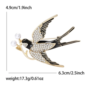 Eleganter Schwalben-Anstecknadel mit schwarzer Emaille, Strasssteinen und Perlen