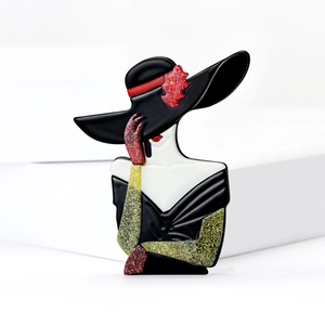 Artistic acrylic Marilyn Monroe brooch with black wide-brim hat and gold glitter gloves