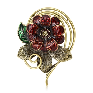 Vintage Enamel Flower Brooch For Women Gold Alloy Red Floral Lapel Pin Jewelry Accessory For Dress Cardigan