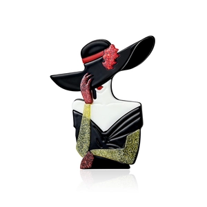 Vintage Modern Lady Silhouette Acrylic Brooch With Glitter Maple Leaf Detail Fashion Elegant Portrait Pin For Women