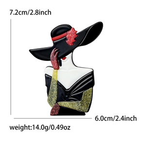 Fashionable acrylic Marilyn Monroe brooch with black hat and red maple leaf detail