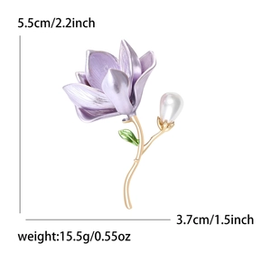 Purple magnolia enamel flower brooch with pearl accent and dimensions shown 5.5x3.7cm