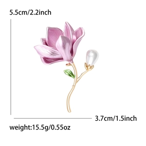 Enamel magnolia flower brooch with pearl and crystals in gold finish, 5.5cm tall