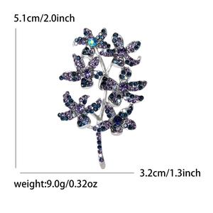 Creative flower branch brooch with purple crystals and silver finish for women