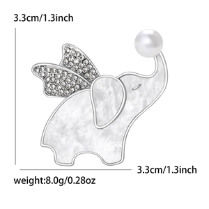 Cute flying elephant brooch with white enamel, crystals and pearl inlay, 3.3cm size