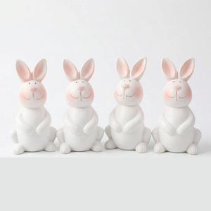 Set of 4 cute white Easter bunny figurines with pink ears for home desktop decor