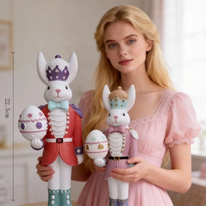 Nutcracker style Easter bunny knight with decorative egg, 22.5cm resin table ornament