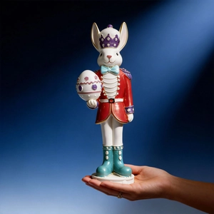 Easter rabbit knight resin figurine wearing crown and holding colorful decorative egg