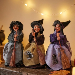 Halloween Witch Figurines Decoration Trio Plastic Fabric Witch Dolls With Broomstick For Bar Home Desktop Party Ornament