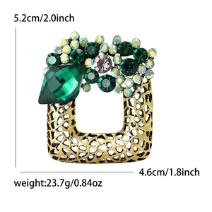 Vintage gold hollow square brooch with green crystals and rhinestones, 5.2cm height