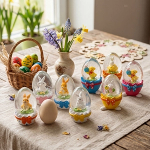 Globos de nieve de huevo de Pascua con conejitos y pollitos para decoración de mesa festiva