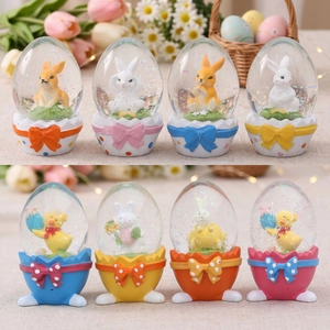 Globos de nieve de Pascua en forma de huevo con conejitos y bases de lazos suaves