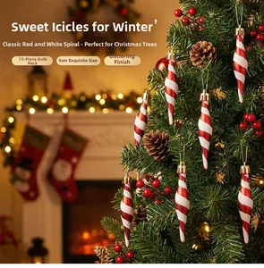 Set of 15 red and white spiral icicle ornaments hanging on a Christmas tree branch
