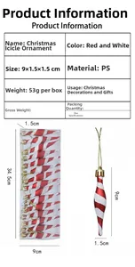 Detailed dimensions of red and white spiral Christmas icicle ornaments with package info