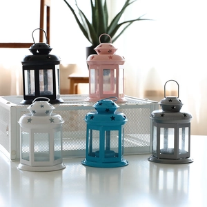 Vintage Metal Glass Hexagonal Candle Lantern Decorative Hanging Wind Lamp With Star Cut-Outs For Christmas Home Party Decor