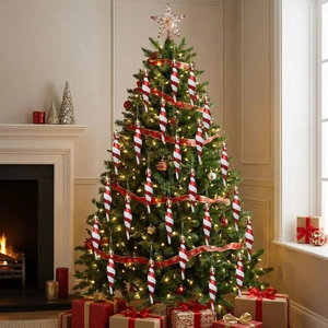 Set of red and white spiral icicle Christmas ornaments with glitter on a festive tree