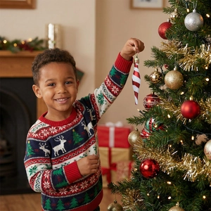 Child hanging red and white spiral Christmas ornaments on a festive tree with lights