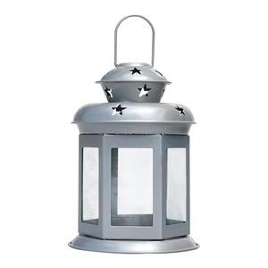 Silver metal hexagonal Christmas lantern with star cutouts and a portable hanging loop
