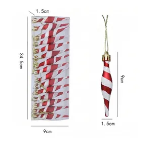 Set of 15 red and white spiral Christmas ornaments with gold strings and sizing info