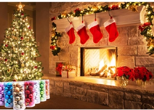 Assorted colorful Christmas ball ornaments in clear cylinder packaging for tree decoration