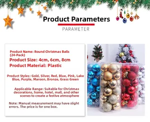 Detailed view of 24 pieces of plastic Christmas ball ornaments in mixed finishes