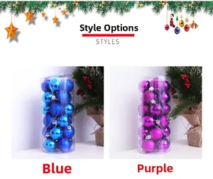 Blue and purple Christmas ornament sets with matte, glossy, and glitter finishes in 24-piece tubes