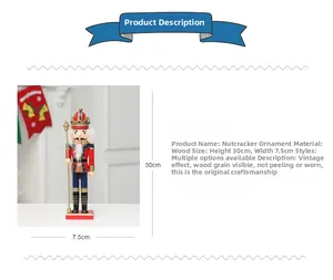 Detailed view of 30cm wooden Christmas nutcracker soldier with scepter and distressed finish