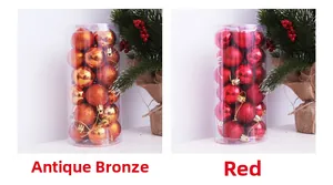 Detail of red and bronze Christmas ornaments in cylindrical packaging with festive decor