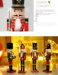 Detail of hand-painted pine wood Nutcracker soldiers with classic festive colors