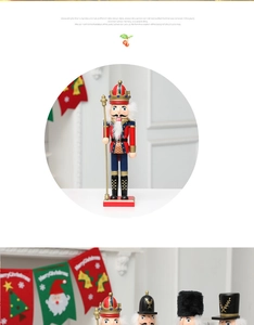 Macro detail of hand-painted wooden Christmas Nutcracker soldiers with gold crown and scepter
