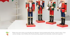 Detailed view of four handcrafted pine wood nutcracker soldiers with hand-painted finish