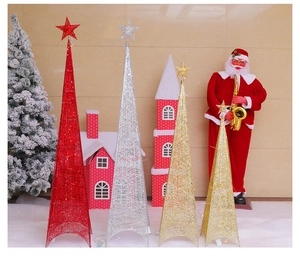 Golden and red metal mesh cone Christmas tree lamps with stars for holiday window decor