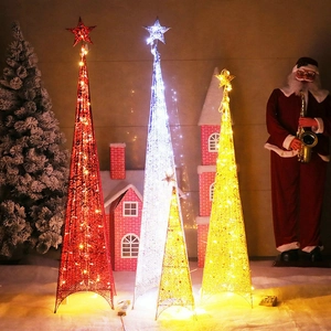 Three LED Christmas cone trees with star toppers in red, white and warm yellow lights