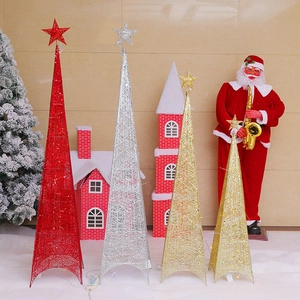 Three-piece set of iron Christmas tree pyramid lights in gold, silver, and red colors