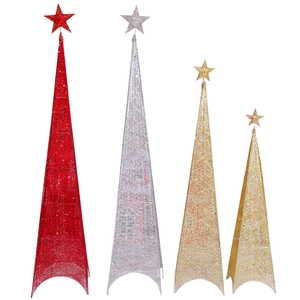 Set of four minimalist iron Christmas cone trees in gold, silver, and red with star toppers