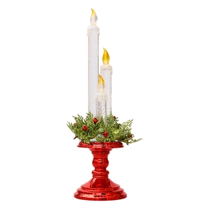 Dreiflammiges LED-Weihnachtskerzenset mit rotem Sockel und festlicher Tannenzweig-Deko