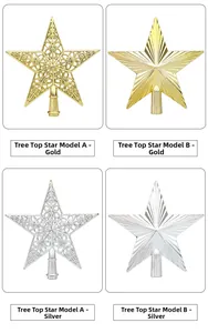Detail view of hollow vine and radial star tree toppers in gold and silver plating