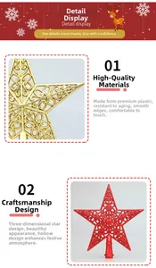 Detail of red and gold hollowed-out star tree toppers with ornate electroplated patterns