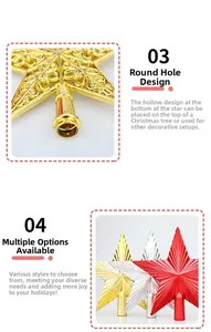 Detail of Christmas tree star topper with hollow patterns and round base in gold, silver, red
