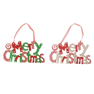 Glittery Merry Christmas letter sign ornaments with red ribbon for holiday decor