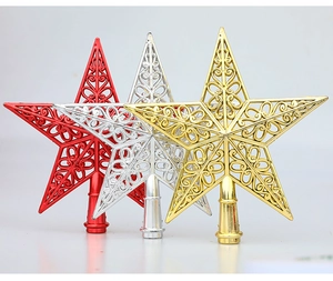 Detailed view of hollow star tree toppers in gold, silver, and red with scroll patterns