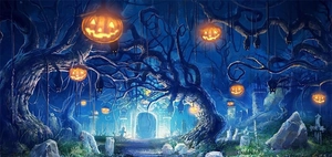 Detail of Halloween magic forest backdrop with glowing pumpkin lanterns and bats