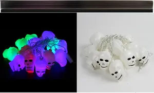 Dual view of Halloween skull LED string lights showing colorful glow and white detail