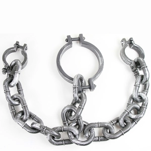 Detail of rustic silver plastic shackle prop with aged metal texture for Halloween decor