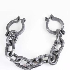 Detail of weathered silver plastic shackles with realistic metallic texture for Halloween
